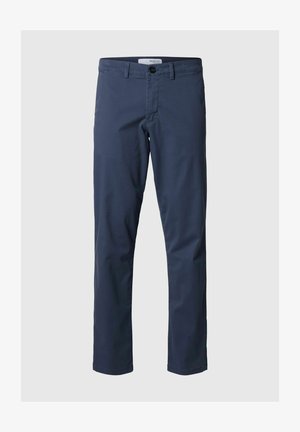 Navyblauwe chinos van katoen, met een slim fit, knoopsluiting, riemlussen en rechte pijpen, met een gladde, gelijkmatige textuur.