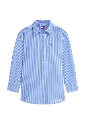 Μπλε και λευκό πουκάμισο με κάθετες ρίγες, μακριά μανίκια, κουμπιά μπροστά, εμπρόσθια τσέπη και μικρό λογότυπο στην τσέπη.