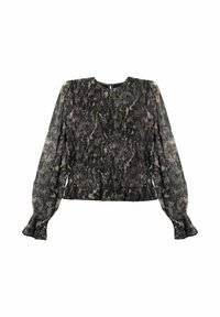 Blusa de manga larga en tela texturizada negra y gris, con cintura fruncida y puños con volantes. Escote redondo con cierre en la parte trasera.