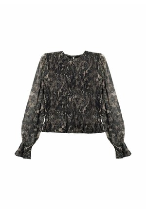 Blouse à manches longues en tissu texturé noir et gris, avec une taille froncée et des poignets à volants. Col rond avec fermeture au dos.