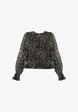 Blouse à manches longues en tissu texturé noir et gris, avec une taille froncée et des poignets à volants. Col rond avec fermeture au dos.