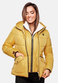 Yellow puffer jacket with a zip front, hood, and two front pockets. Features a white, plush lining and black accents. Quilted design.