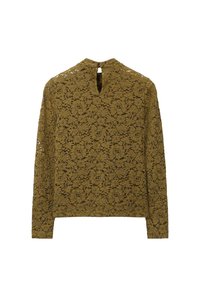 Blouse en dentelle olive à manches longues avec motif floral, encolure haute et fermeture à bouton en forme de clé au dos.