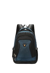 Sac à dos bleu et noir avec une finition texturée, comportant deux compartiments zippés, des bretelles rembourrées et ajustables, ainsi qu'un logo sur le panneau avant.