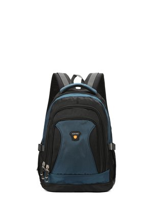 Sac à dos bleu et noir avec une finition texturée, comportant deux compartiments zippés, des bretelles rembourrées et ajustables, ainsi qu'un logo sur le panneau avant.