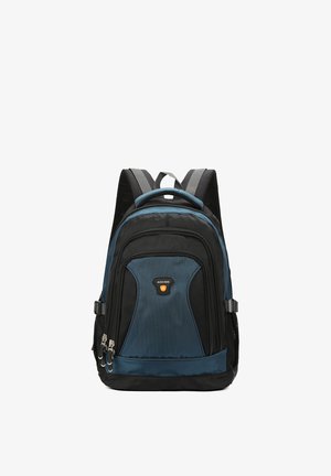 Blauer und schwarzer Rucksack mit strukturiertem Finish, ausgestattet mit zwei Reißverschlussfächern, verstellbaren gepolsterten Trägern und einem Logo auf der Vorderseite.