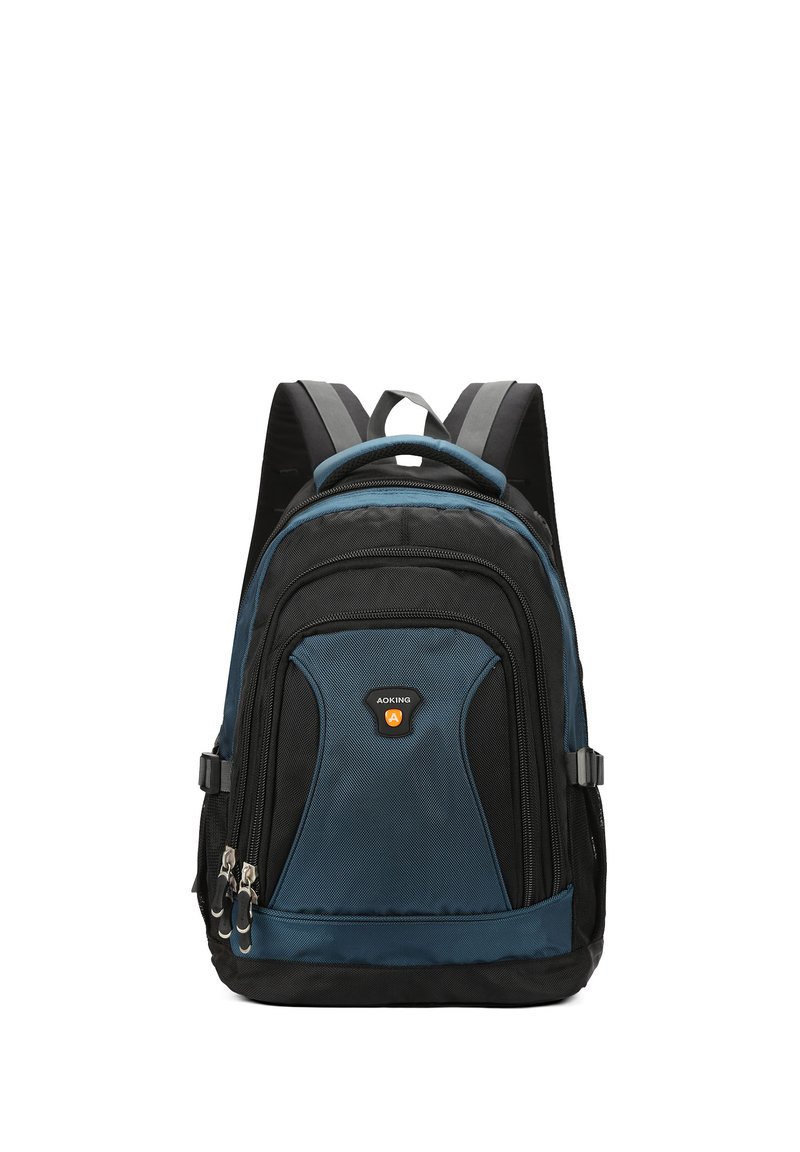 Sac à dos bleu et noir avec une finition texturée, comportant deux compartiments zippés, des bretelles rembourrées et ajustables, ainsi qu'un logo sur le panneau avant.