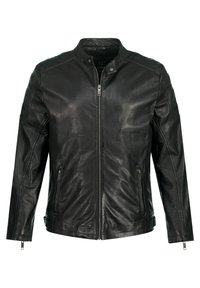 Schwarze Lederjacke mit Stehkragen, durchgehendem Reißverschluss, zwei seitlichen Reißverschlusstaschen und Einsätzen an den Schultern. Glatte Textur.