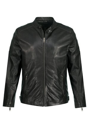 Černá kožená bunda s výstuží, plným zipem vpředu, dvěma bočními kapsami na zip a panelovým detailem na ramenou. Hladká textura.