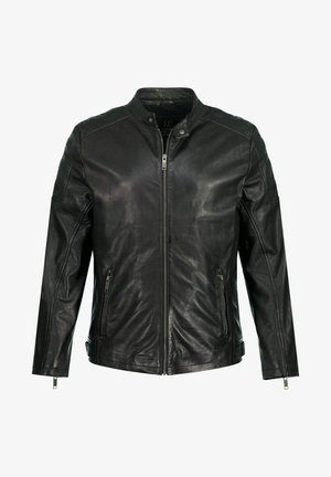 Czarna skórzana kurtka z kołnierzem stójkowym, pełnym zamkiem z przodu, dwoma bocznymi kieszeniami na zamek oraz detalami wzdłuż ramion. Gładka tekstura.