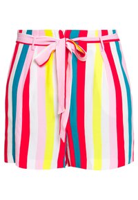 Shorts rayés en rose, rouge, jaune et bleu ; dotés d'une ceinture nouée, d'un devant plat et de poches latérales ; fabriqués en tissu léger.