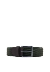 Vihreä kudottu vyö, jossa on tummanruskea nahkakoristus, metallinhohtoinen hopeinen solki ja kudottu pinta.