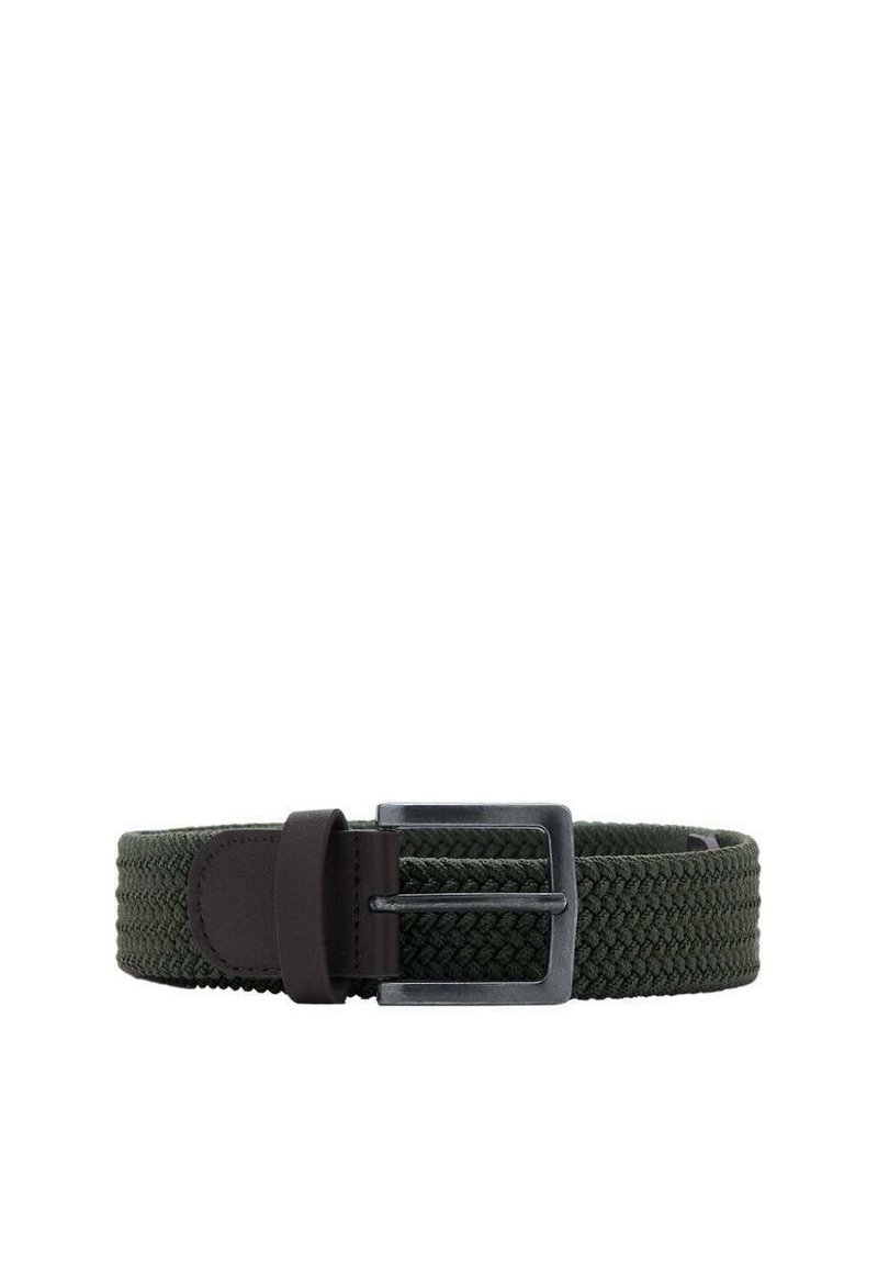 Vihreä kudottu vyö, jossa on tummanruskea nahkakoristus, metallinhohtoinen hopeinen solki ja kudottu pinta.