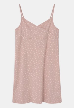 Różowa sukienka na ramiączkach z cienkimi paskami i małym białym kwiatowym wzorem, z dekoltem w serek i kopertowym stanem.