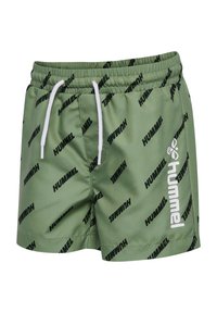 Gröna badshorts med en blank yta, med ett svart logomönster och en vit logodetalj på sidan. Elastisk midja med snörning.