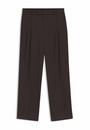 Dark brown tailored trousers with pleats, belt loops, side pockets, and a straight leg cut on a white background.