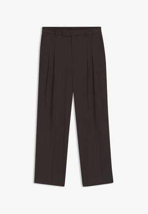 Dark brown tailored trousers with pleats, belt loops, side pockets, and a straight leg cut on a white background.