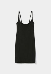 Robe nuisette noire côtelée avec fines bretelles, dotée d'un décolleté décontracté et d'une silhouette droite, réalisée dans un tissu doux.