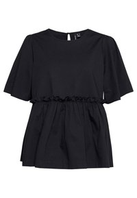 Haut noir en coton, doté d'un col rond, de manches courtes, d'une taille froncée avec des accents à volants et d'un détail dos avec une ouverture en forme de clé.