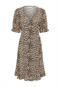 Leopardmönstrad omlottklänning i kräm och brunt med korta puffärmar, volangkant och knytning i sidan. Tillverkad av lättviktsmaterial.