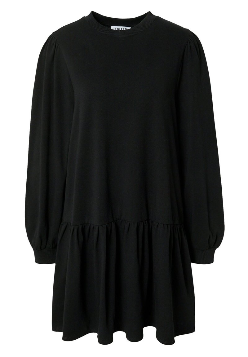 Schwarzes langärmeliges Kleid aus weichem Stoff mit rundem Ausschnitt, gerafften Puffärmeln und einem gestuften Saum. Glatte Textur.