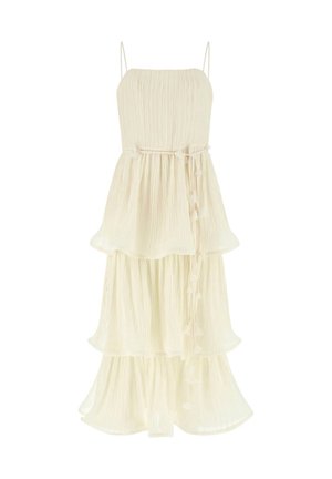 Maxikleid in Cremefarben mit Stufen, dünnen Trägern, strukturierter Stoff und einem gebundenen Taillengürtel mit Quasten-Details.