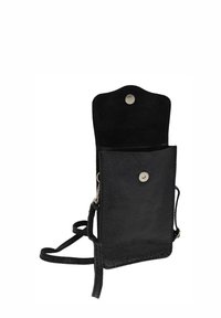 Sac bandoulière en cuir noir avec une finition texturée, doté d'une fermeture à pression et d'une sangle ajustable. Le design ouvert révèle une poche intérieure.