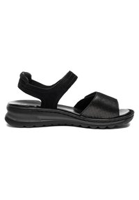 Schwarze Sandale mit offenen Zehen, verstellbarem Knöchelriemen, gepolsterter Sohle und strukturiertem Außensohlprofil für guten Grip, entworfen für den Freizeitgebrauch.