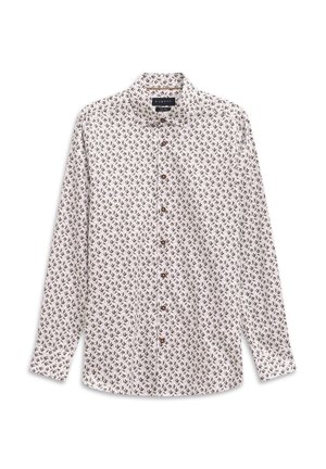 Long-sleeve button-up shirt with small dark leaf pattern on white background, classic collar, and brown buttons down the front.