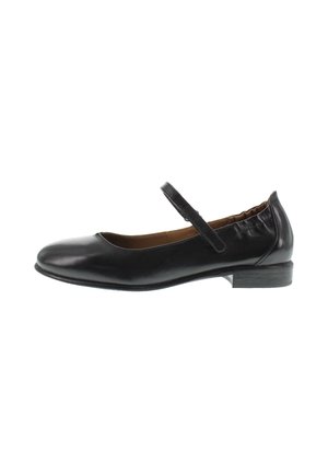 Black leather Mary Jane shoe with low heel and single strap across the instep, smooth finish, and rounded toe.