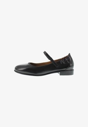 Black leather Mary Jane shoe with low heel and single strap across the instep, smooth finish, and rounded toe.