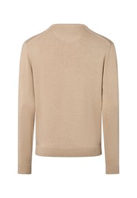 Beige Strickpullover mit langen Ärmeln, rundem Halsausschnitt und gerippten Bündchen. Weiche Textur, keine Muster oder zusätzlichen Beschläge sichtbar. Rückansicht.