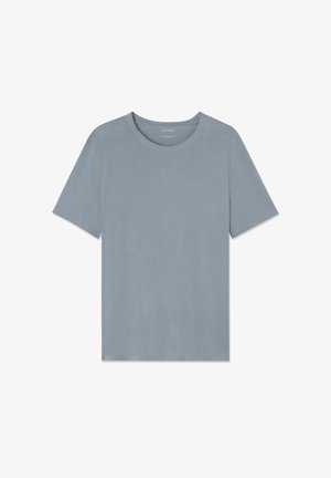 Šviesiai pilkas trumpas rankovėmis marškinėliai, pagaminti iš minkštos medvilnės. Turi apvalų kaklą ir laisvą kirpimą, be jokių matomų raštų ar akcentų.