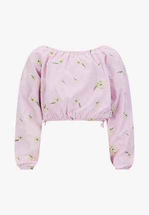 Hellrosa schulterfreie Bluse mit langen Puffärmeln, elastischem Saum und Bündchen, verziert mit kleinen weißen Blumenmustern.