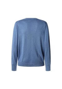 Pull en tricot bleu à manches longues, col rond et poignets côtelés. Texture douce avec une finition lisse, affichant une couleur unie tout au long.