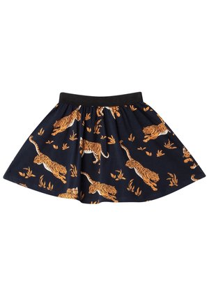 Dunkelblauer ausgestellter Rock mit schwarzem Bund und einem orangefarbenen Tigerprint sowie verstreuten kleinen Blattdesigns.