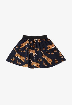 Dunkelblauer ausgestellter Rock mit schwarzem Bund und einem orangefarbenen Tigerprint sowie verstreuten kleinen Blattdesigns.