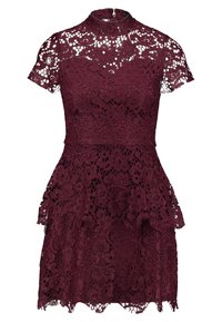 Burgundy spetsklänning med hög hals, korta ärmar, blommönster och en utsvängd peplumkant. Har en dragkedjestängning vid ryggen.