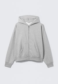 Grå lynlås hoodie lavet af blødt stof, med hætte, ribbede manchetter og frontlommer med en afslappet pasform. Mærke: WEEKDAY.