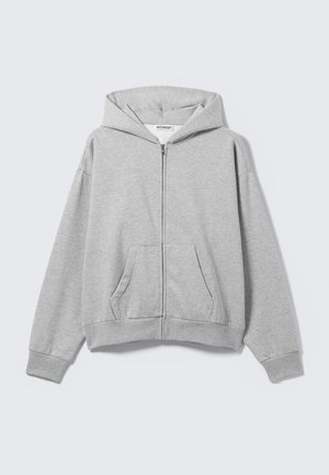 Grauer Reißverschluss-Hoodie aus weichem Stoff, mit Kapuze, gerippten Bündchen und Fronttaschen in lässiger Passform. Etikett: WEEKDAY.