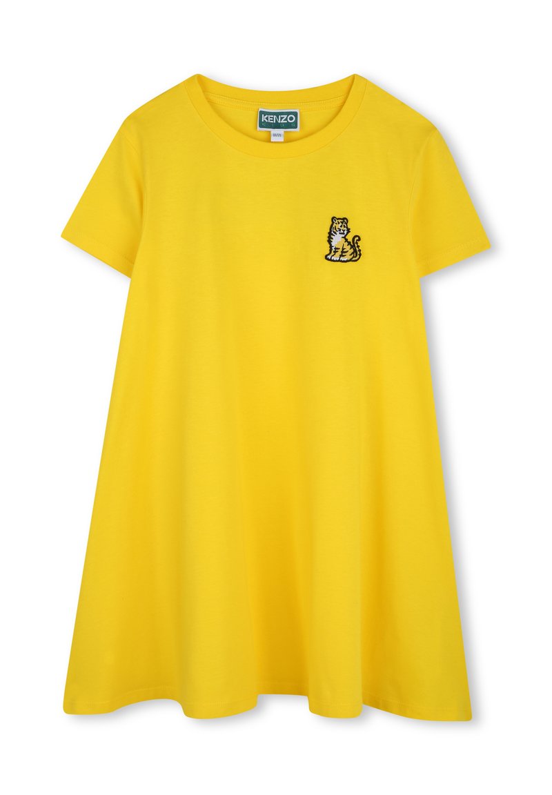 Geel T-shirt met korte mouwen, een relaxte pasvorm en een ronde halslijn. Heeft een zwart-wit geborduurd tijgerontwerp op de linkerkant van de borst.