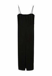 Schwarzes Maxikleid mit dünnen verstellbaren Trägern, gerafftem Ausschnitt und einem Schlitz vorne. Hergestellt aus glattem Stoff für eine fließende Silhouette.