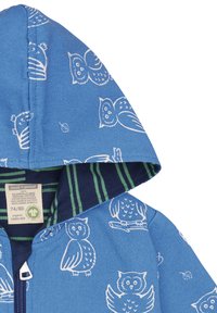 Blaues Bio-Baumwoll-Hoodie mit einem weißen Eulenmuster. Gestreifter grün-blauer Innenfutter der Kapuze. Mit Reißverschluss vorne.