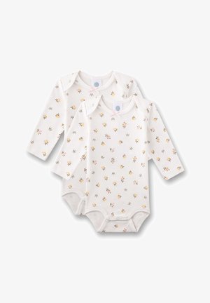 Due body a maniche lunghe bianchi per neonati con piccole stampe floreali gialle e rosa e motivi a corona, dotati di scolli a spalla sovrapposta e chiusure a scatto.