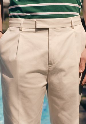 Person wearing beige pleated trousers and a green striped shirt, standing outdoors near a pool with hands relaxed by sides.