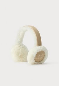 Tan suede and cream sheepskin UGG earmuffs with plush ear covers and a padded headband.