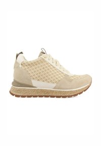 Zapatilla beige con una parte superior de tejido texturizado, acentos de ante y un diseño estampado. Cuenta con una suela de goma y una plantilla tejida.