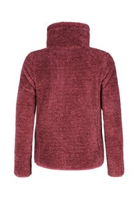 Pullover in pile color bordeaux, in tessuto morbido e testurizzato. Collo alto e maniche lunghe con taglio dritto. Nessun hardware visibile o motivi.