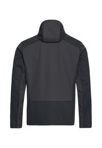 Veste softshell noire et gris foncé à manches longues et col montant, vue de dos sur fond blanc.