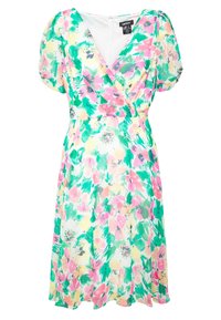 Blumenkleid mit Wickeldesign, ausgestattet mit kurzen Puffärmeln, lebhaften grünen, rosa und gelben Mustern auf einem leichten Stoff.
